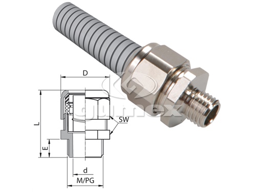 Konektor AU 159M pro chráničky METAL HOSE PVC 102/PUR 105/PA 104/Agraff PUR 151, vnější závit M16x1,5, rozměr koncovky 17mm, IP67, -10°C/+110°C, poniklovaná mosaz